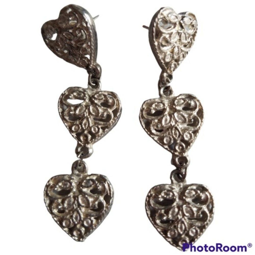 Vintage Silver Tone Three Heart Dangling Pierced Earrings